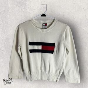 Vintage 90s Tommy Hilfiger Sweater Youth Medium White Knit Retro Logo Pullover